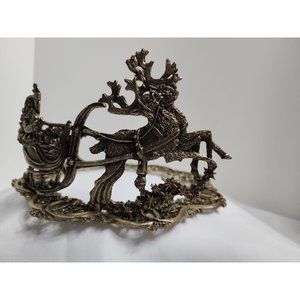 Vintage 1990 Metzke Pewter Santa & Sleigh Wreath Candle Holder Ring 8" Goldish